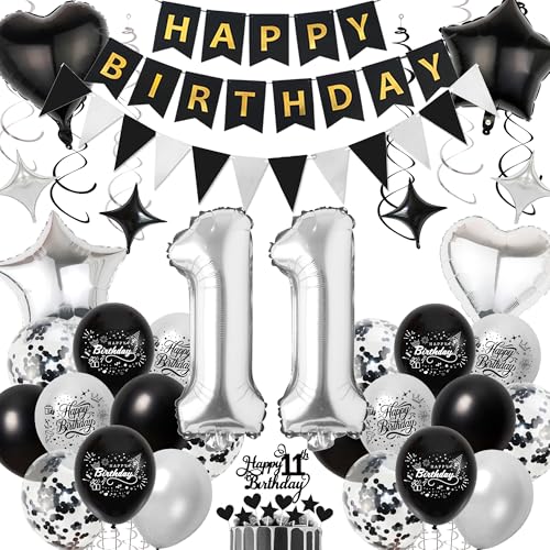 Deko 11 Geburtstag Junge Schwarz Silber - 11. Geburtstagsdeko Luftballons Happy Birthday Girlande Tortendeko, Riesen Zahlenballon und Hängende Wirbel für 11 Jahr Jungen Geburtstagsfeier Deko 11 Geburtstag Junge Schwarz Silber - 11. Geburtstagsdeko Luftballons Happy Birthday Girlande Tortendeko, Riesen Zahlenballon und Hängende Wirbel für 11 Jahr Jungen Geburtstagsfeier von Xietaea