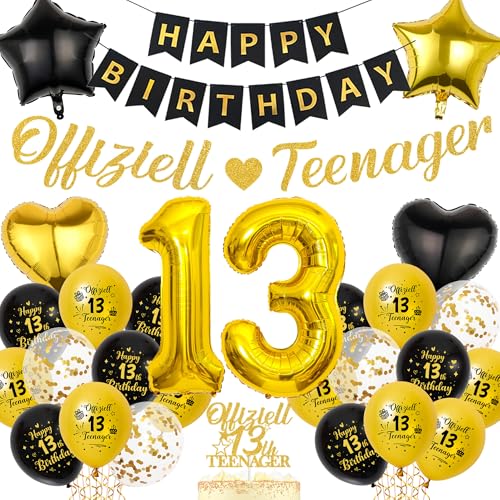 Deko 13. Geburtstag Junge Mädchen - Schwarz Gold Offiziell Teenager Geburtstagsdeko Happy Birthday Girlande Zahl Ballons, Tortendeko und Folienballon für 13 Geburtstagsfeier Dekoration Deko 13. Geburtstag Junge Mädchen - Schwarz Gold Offiziell Teenager Geburtstagsdeko Happy Birthday Girlande Zahl Ballons, Tortendeko und Folienballon für 13 Geburtstagsfeier Dekoration von Xietaea