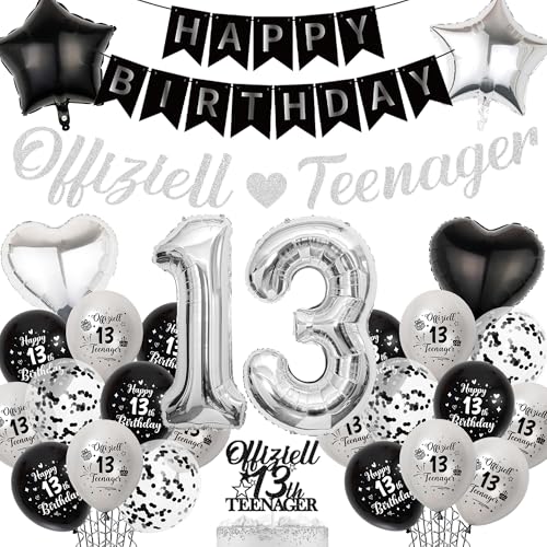 Deko 13. Geburtstag Junge Mädchen - Schwarz Silber Offiziell Teenager Geburtstagsdeko Happy Birthday Girlande Zahl Ballons, Tortendeko und Folienballon für 13 Geburtstagsfeier Dekoration Deko 13. Geburtstag Junge Mädchen - Schwarz Silber Offiziell Teenager Geburtstagsdeko Happy Birthday Girlande Zahl Ballons, Tortendeko und Folienballon für 13 Geburtstagsfeier Dekoration von Xietaea