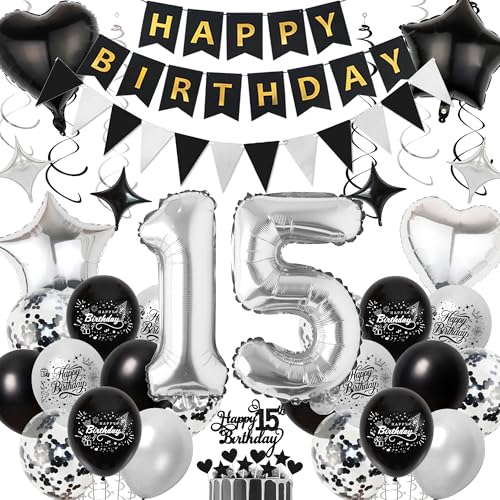 Deko 15 Geburtstag Junge Schwarz Silber - 15. Geburtstagsdeko Luftballons Happy Birthday Girlande Tortendeko, Riesen Zahlenballon und Hängende Wirbel für 15 Jahr Jungen Geburtstagsfeier von Xietaea