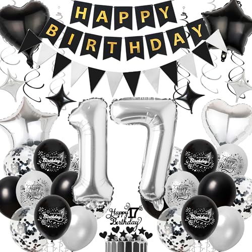 Deko 17 Geburtstag Junge Schwarz Silber - 17. Geburtstagsdeko Luftballons Happy Birthday Girlande Tortendeko, Riesen Zahlenballon und Hängende Wirbel für 17 Jahr Jungen Geburtstagsfeier von Xietaea
