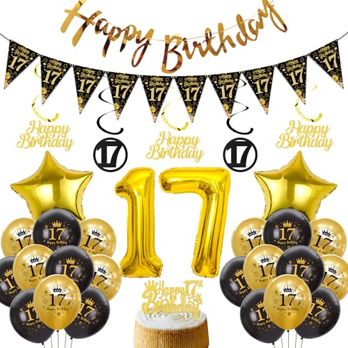 Deko 17 Geburtstag Jungen Mädchen - Schwarz Gold Luftballons Happy Birthday Girlande Tortendeko, XXL Zahlenballon Hängende Spiralen und Wimpel für 17 Jahre Geburtstagsdeko von Xietaea