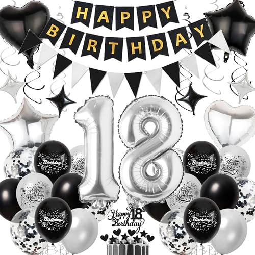 Deko 18 Geburtstag Junge Schwarz Silber - 18. Geburtstagsdeko Luftballons Happy Birthday Girlande Tortendeko, Riesen Zahlenballon und Hängende Wirbel für 18 Jahr Jungen Geburtstagsfeier von Xietaea