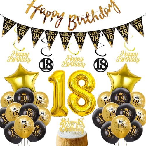 Xietaea Deko 18 Geburtstag Jungen Mädchen - Schwarz Gold Luftballons Happy Birthday Girlande Tortendeko, XXL Zahlenballon Hängende Spiralen und Wimpel für 18 Jahre Geburtstagsdeko von Xietaea