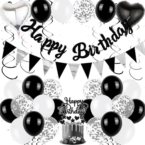 Deko Geburtstag Mann Schwarz Silber - Happy Birthday Girlande Tortendeko Luftballons und Hängende Wirbel, Glitzer Geburtstagsdeko Banner Herz Folienballon Cupcake Toppers für Junge von Xietaea