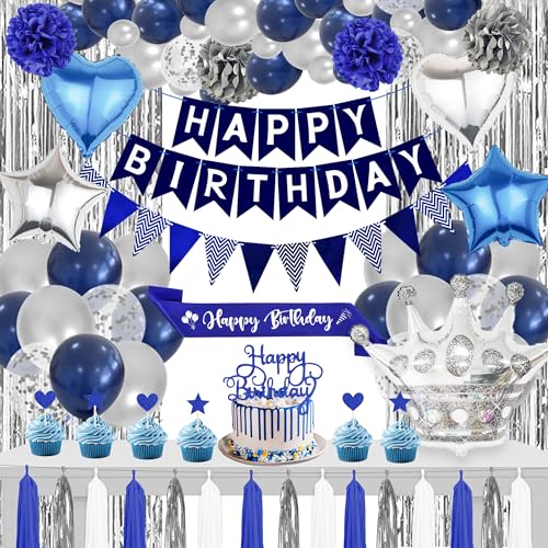 Deko Geburtstag Mann Blau Silber - Geburtstagsdeko Luftballons Happy Birthday Girlande Lametta Vorhänge, Schärpe Papier Pompoms Tassel und Folienballon für Geburtstagsfeier Dekoration von Xietaea