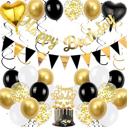 Deko Geburtstag Mann Schwarz Gold - Happy Birthday Girlande Tortendeko Luftballons und Hängende Wirbel, Glitzer Geburtstagsdeko Banner Herz Folienballon Cupcake Toppers für Frauen Deko Geburtstag Mann Schwarz Gold - Happy Birthday Girlande Tortendeko Luftballons und Hängende Wirbel, Glitzer Geburtstagsdeko Banner Herz Folienballon Cupcake Toppers für Frauen von Xietaea