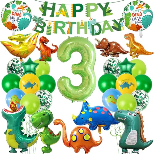 Dino Geburtstag Deko 3 Jahre - Dinosaurier Kindergeburtstag Mit XXL Luftballons, Happy Birthday Banner Girlande, Folienballon Zahlenballon 3, Geburtstagsdeko Für Jungen Und Mädchen von Xietaea