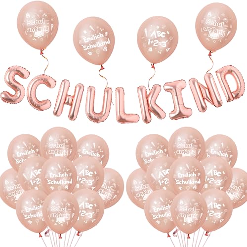 Einschulung Deko Mädchen Luftballons Set - 39 Stück Schulanfang Party Dekoration Ballons Schulkind Folienballon, Ballon für Schuleinführung Kinder Schulstart Dekorationen (Rosa) von Xietaea