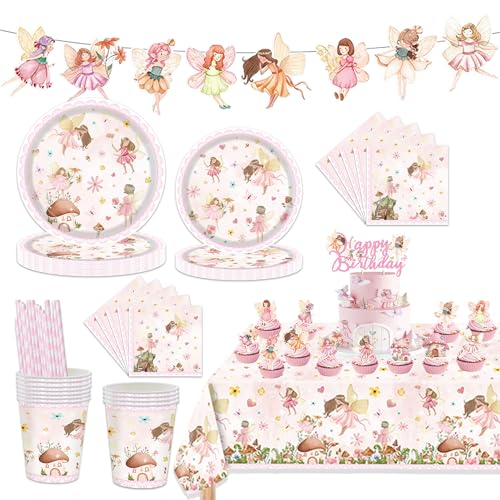 Fee Partygeschirr Set Geburtstagsdeko Mädchen - Feen Party Geschirr mit Pappteller Pappbecher Servietten, Tischdecke Girlande und Tortendeko für Kindergeburtstag Dekoration (10 Gäste) von Xietaea