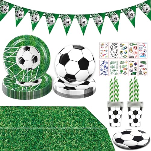 Fussball Deko Geburtstag Partygeschirr Kinder - 123 Stück Football Geschirr Set mit Tischdecke Pappteller Pappbecher Strohhalme Servietten für 20 Gäste, mit Wimpelkette und Tattoo Aufkleber von Xietaea