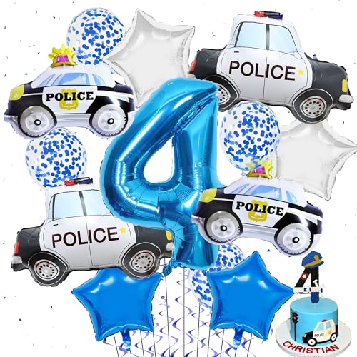 Polizei Geburtstag Deko 4 Jahre - 16 Stück Luftballon XXL Polizeiauto Folienballon Konfetti Ballon Sternballon und Tortendeko, Party Dekoration Kindergeburtstag für Jungen Mädchen von Xietaea