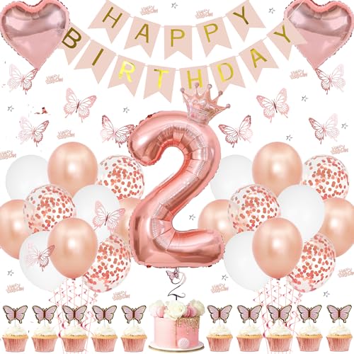 Xietaea Roségold Geburtstagsdeko 2 Jahre Mädchen - Deko 2. Geburtstag Luftballons Happy Birthday Girlande, Schmetterlinge Dekoration Konfetti Tortendeko für Kindergeburtstag von Xietaea