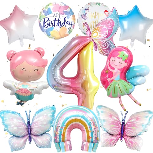 Schmetterling 4. Geburtstag Luftballon Deko für Mädchen - Feen Dekoration Set mit Schmetterling Ballon, Folienballon 4, Eelfen und Feen Ballon, Deko 4 Jahre von Xietaea