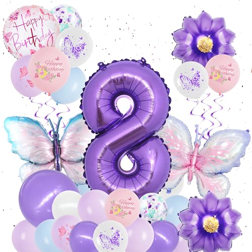 Schmetterling Deko Geburtstag Mädchen 8. Jahre - 31 Stück Geburtstagsdeko Luftballons Schmetterlinge Folienballon Zahlenballon, Lila Geburtstags Party Dekoration Ballons für Kinder von Xietaea