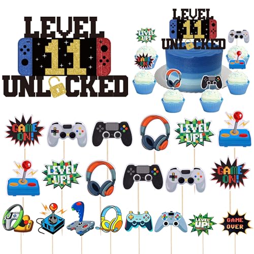 Videospiel Tortendeko Deko 11 Geburtstag Junge - 11. Geburtstagsdeko Gaming Level Unlocked Kuchendeko, Game Thema Dekoration Spielkonsolen Cupcake Topper für 11 Jahr Kindergeburtstag von Xietaea