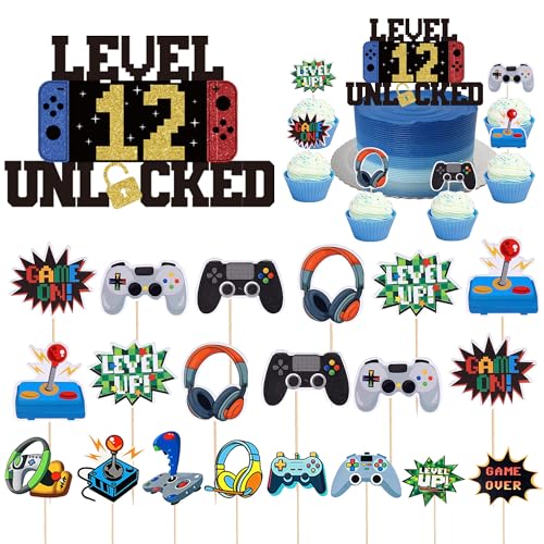 Videospiel Tortendeko Deko 12 Geburtstag Junge - 21 Stück 12. Geburtstagsdeko Gaming Level Unlocked Kuchendeko, Game Thema Dekoration Spielkonsolen Cupcake Topper für 12 Jahr Kindergeburtstag von Xietaea