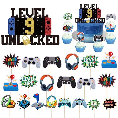 Videospiel Tortendeko Deko 9 Geburtstag Junge - 21 Stück 9. Geburtstagsdeko Gaming Level Unlocked Kuchendeko, Game Thema Dekoration Spielkonsolen Cupcake Topper für 9 Jahr Kindergeburtstag von Xietaea