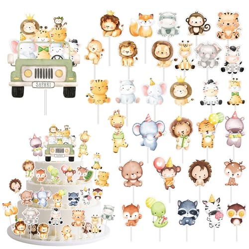 Dschungel Deko Geburtstag Safari Tortendeko - 32 Stück Vormontiert Party Dekorationen Niedlich Jungle Tiere Kuchendeko, Cupcake Toppers für Kindergeburtstag Baby Shower Dekoration von Xietaea