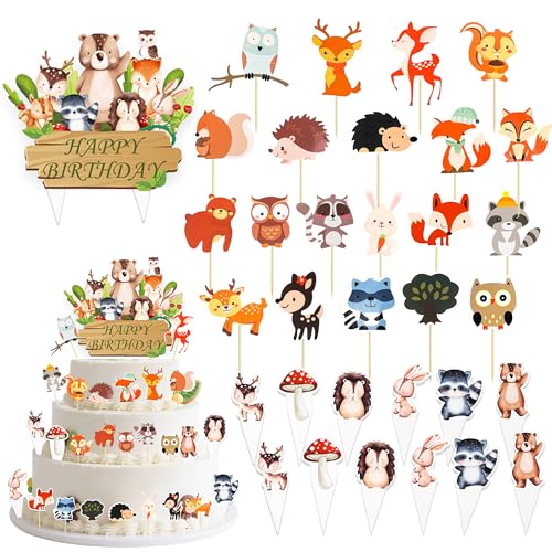 Waldtiere Deko Geburtstag Tortendeko Tiere - 33 Stück Tier Geburtstagsdeko Niedlich Safari Kuchendeko, Papier Cupcake Toppers für Kindergeburtstag Baby Shower Dekoration von Xietaea