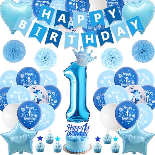 Xietaea Deko 1. Geburtstag Junge Blau - 58 Stück 1. Geburtstagsdeko Luftballons Happy Birthday Girlande Tortendeko, Papier Pompons und Riesen Zahlballon zum 1 Geburtstagsfeier Dekoration Xietaea Deko 1. Geburtstag Junge Blau - 58 Stück 1. Geburtstagsdeko Luftballons Happy Birthday Girlande Tortendeko, Papier Pompons und Riesen Zahlballon zum 1 Geburtstagsfeier Dekoration von Xietaea