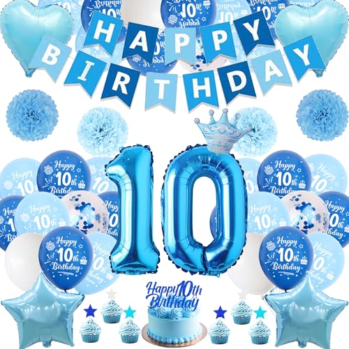 Xietaea Deko 10. Geburtstag Junge Blau - 59 Stück 10. Geburtstagsdeko Luftballons Happy Birthday Girlande Tortendeko, Papier Pompons und Riesen Zahlballon zum 10 Geburtstagsfeier Dekoration Xietaea Deko 10. Geburtstag Junge Blau - 59 Stück 10. Geburtstagsdeko Luftballons Happy Birthday Girlande Tortendeko, Papier Pompons und Riesen Zahlballon zum 10 Geburtstagsfeier Dekoration von Xietaea