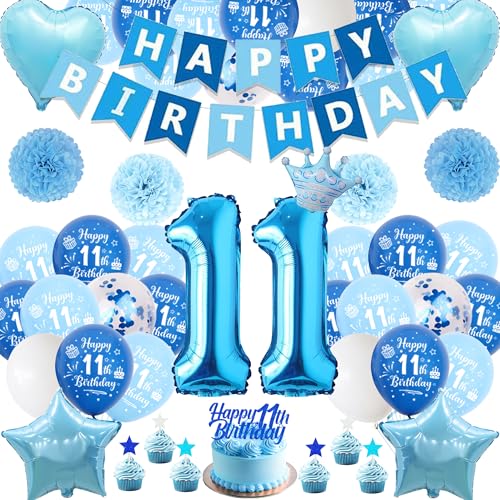 Xietaea Deko 11. Geburtstag Junge Blau - 59 Stück 11. Geburtstagsdeko Luftballons Happy Birthday Girlande Tortendeko, Papier Pompons und Riesen Zahlballon zum 11 Geburtstagsfeier Dekoration Xietaea Deko 11. Geburtstag Junge Blau - 59 Stück 11. Geburtstagsdeko Luftballons Happy Birthday Girlande Tortendeko, Papier Pompons und Riesen Zahlballon zum 11 Geburtstagsfeier Dekoration von Xietaea
