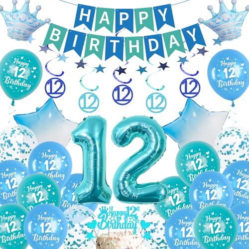 Xietaea Deko 12. Geburtstag Junge Blau - 12 Geburtstagsdeko Luftballons Happy Birthday Girlande Tortendeko, Riesen Zahlenballon und Konfetti für 12 Jahre Party Dekoration Jungen Xietaea Deko 12. Geburtstag Junge Blau - 12 Geburtstagsdeko Luftballons Happy Birthday Girlande Tortendeko, Riesen Zahlenballon und Konfetti für 12 Jahre Party Dekoration Jungen von Xietaea