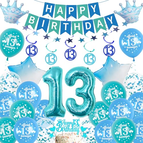 Xietaea Deko 13. Geburtstag Junge Blau - 13 Geburtstagsdeko Luftballons Happy Birthday Girlande Tortendeko, Riesen Zahlenballon und Konfetti für 13 Jahre Jungen Teenager Party Dekoration Xietaea Deko 13. Geburtstag Junge Blau - 13 Geburtstagsdeko Luftballons Happy Birthday Girlande Tortendeko, Riesen Zahlenballon und Konfetti für 13 Jahre Jungen Teenager Party Dekoration von Xietaea