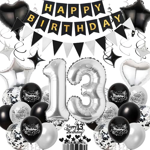 Xietaea Deko 13. Geburtstag Junge - Schwarz Silber 13. Geburtstagsdeko Luftballons Happy Birthday Girlande Tortendeko, Zahlenballon und Hängende Wirbel für 13 Jahr Teenager Geburtstagsfeier von Xietaea