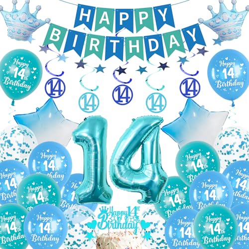 Xietaea Deko 14. Geburtstag Junge Blau - 14 Geburtstagsdeko Luftballons Happy Birthday Girlande Tortendeko, Riesen Zahlenballon und Konfetti für 14 Jahre Party Dekoration Jungen Xietaea Deko 14. Geburtstag Junge Blau - 14 Geburtstagsdeko Luftballons Happy Birthday Girlande Tortendeko, Riesen Zahlenballon und Konfetti für 14 Jahre Party Dekoration Jungen von Xietaea