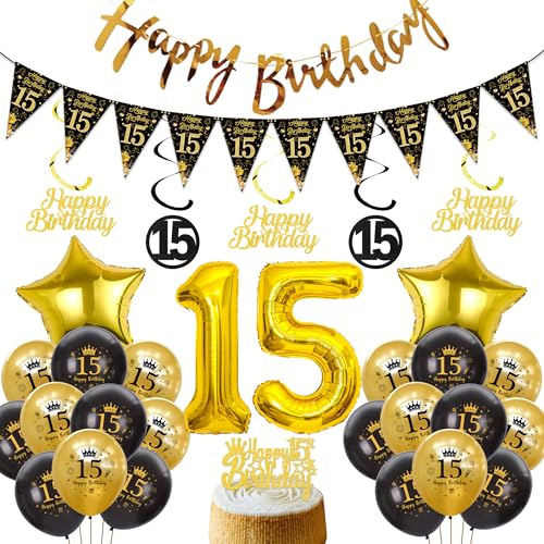 Xietaea Deko 15 Geburtstag Jungen Mädchen - Schwarz Gold Luftballons Happy Birthday Girlande Tortendeko, XXL Zahlenballon Hängende Spiralen und Wimpel für 15 Jahre Geburtstagsdeko von Xietaea
