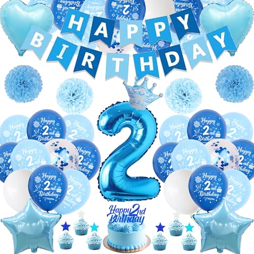 Xietaea Deko 2. Geburtstag Junge Blau - 58 Stück 2. Geburtstagsdeko Luftballons Happy Birthday Girlande Tortendeko, Papier Pompons und Riesen Zahlballon zum 2 Geburtstagsfeier Dekoration Xietaea Deko 2. Geburtstag Junge Blau - 58 Stück 2. Geburtstagsdeko Luftballons Happy Birthday Girlande Tortendeko, Papier Pompons und Riesen Zahlballon zum 2 Geburtstagsfeier Dekoration von Xietaea