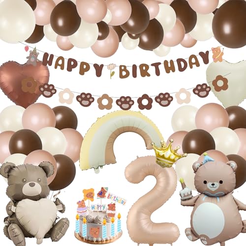 Xietaea Deko 2. Geburtstag Mädchen Junge - 117 Stück Bär 2 Geburtstagsdeko Happy Birthday Girlande und Tortendeko, Bären Folienballons Braun Luftballons für 2 Jahr Kindergeburtstag Dekoration von Xietaea