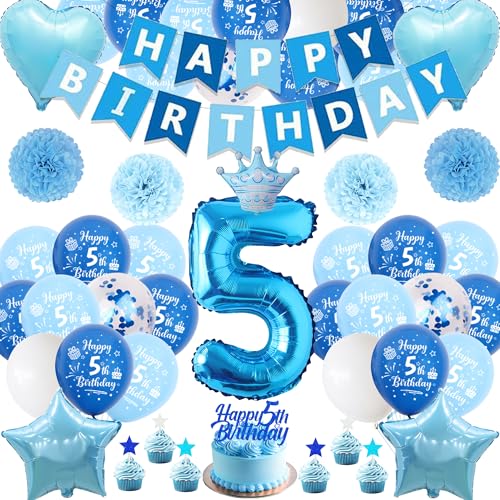 Xietaea Deko 5. Geburtstag Junge Blau - 58 Stück 5. Geburtstagsdeko Luftballons Happy Birthday Girlande Tortendeko, Papier Pompons und Riesen Zahlballon zum 5 Geburtstagsfeier Dekoration Xietaea Deko 5. Geburtstag Junge Blau - 58 Stück 5. Geburtstagsdeko Luftballons Happy Birthday Girlande Tortendeko, Papier Pompons und Riesen Zahlballon zum 5 Geburtstagsfeier Dekoration von Xietaea