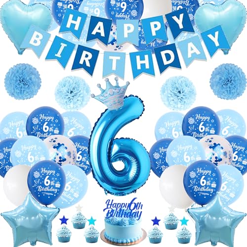 Xietaea Deko 6. Geburtstag Junge Blau - 58 Stück 6. Geburtstagsdeko Luftballons Happy Birthday Girlande Tortendeko, Papier Pompons und Riesen Zahlballon zum 6 Geburtstagsfeier Dekoration Xietaea Deko 6. Geburtstag Junge Blau - 58 Stück 6. Geburtstagsdeko Luftballons Happy Birthday Girlande Tortendeko, Papier Pompons und Riesen Zahlballon zum 6 Geburtstagsfeier Dekoration von Xietaea