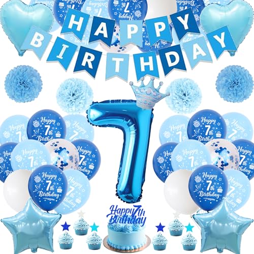 Xietaea Deko 7. Geburtstag Junge Blau - 58 Stück 7. Geburtstagsdeko Luftballons Happy Birthday Girlande Tortendeko, Papier Pompons und Riesen Zahlballon zum 7 Geburtstagsfeier Dekoration Xietaea Deko 7. Geburtstag Junge Blau - 58 Stück 7. Geburtstagsdeko Luftballons Happy Birthday Girlande Tortendeko, Papier Pompons und Riesen Zahlballon zum 7 Geburtstagsfeier Dekoration von Xietaea