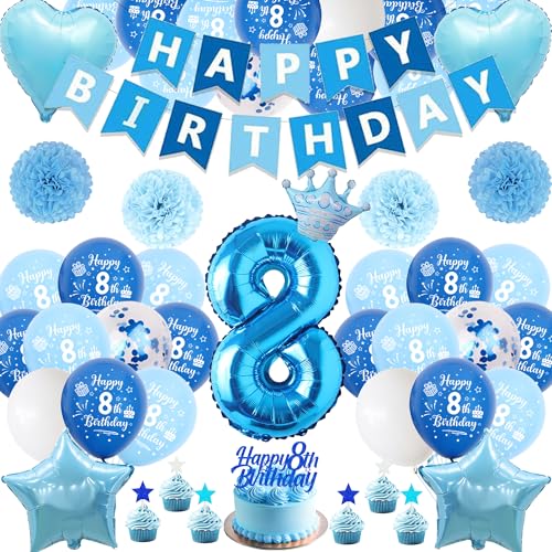 Xietaea Deko 8. Geburtstag Junge Blau - 58 Stück 8. Geburtstagsdeko Luftballons Happy Birthday Girlande Tortendeko, Papier Pompons und Riesen Zahlballon zum 8 Geburtstagsfeier Dekoration von Xietaea