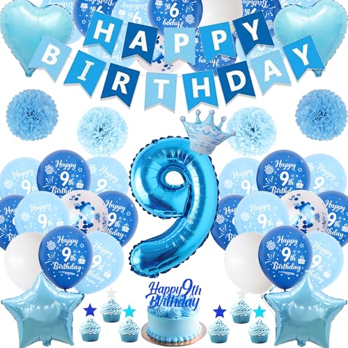 Xietaea Deko 9. Geburtstag Junge Blau - 58 Stück 9. Geburtstagsdeko Luftballons Happy Birthday Girlande Tortendeko, Papier Pompons und Riesen Zahlballon zum 9 Geburtstagsfeier Dekoration von Xietaea