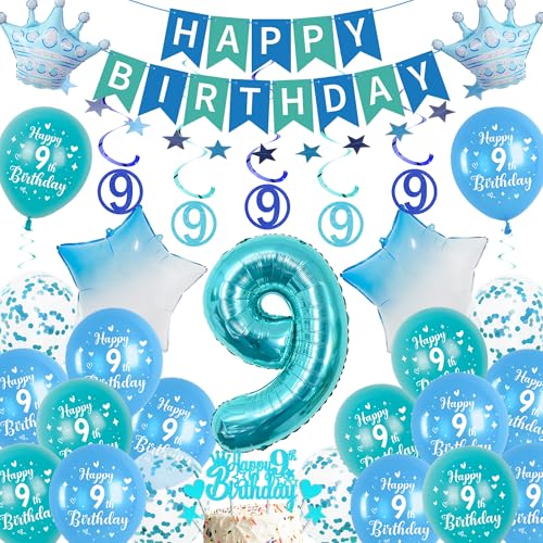 Xietaea Deko 9. Geburtstag Junge Blau - 9 Geburtstagsdeko Luftballons Happy Birthday Girlande Tortendeko, Riesen Zahlenballon und Konfetti für 9 Jahre Party Dekoration Jungen Xietaea Deko 9. Geburtstag Junge Blau - 9 Geburtstagsdeko Luftballons Happy Birthday Girlande Tortendeko, Riesen Zahlenballon und Konfetti für 9 Jahre Party Dekoration Jungen von Xietaea