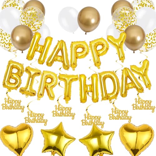 Luftballons Geburtstag Deko Frauen Mann - Gold Geburtstagsdeko Happy Birthday Ballon und Hängende Wirbel, Geburtstags Party Dekorationen Stern Herz Folienballon Luftballons Geburtstag Deko Frauen Mann - Gold Geburtstagsdeko Happy Birthday Ballon und Hängende Wirbel, Geburtstags Party Dekorationen Stern Herz Folienballon von Xietaea