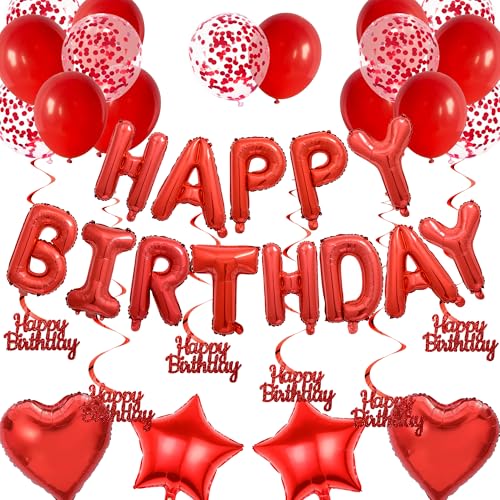 Luftballons Geburtstag Deko Frauen Mädchen - Rot Geburtstagsdeko Happy Birthday Ballon und Hängende Wirbel, Geburtstags Party Dekorationen Stern Herz Folienballon Luftballons Geburtstag Deko Frauen Mädchen - Rot Geburtstagsdeko Happy Birthday Ballon und Hängende Wirbel, Geburtstags Party Dekorationen Stern Herz Folienballon von Xietaea