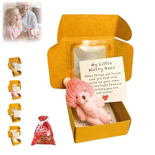 Xifyjus My Little Worry Bear Box mit Hut, neuer Bär in Box von 2025, Mini-Taschenbär Worry Bear mit Motivationskarte, weiches Erinnerungsgeschenk für Liebhaber (Pink) von Xifyjus
