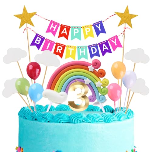 3rd Geburtstags Kuchen Topper Birthday Torten Dekoration Geburtstag Kuchendeko Gold Zahl 3 Kerzen Tortendeko Set Regenbogen Ballon Wolke Sterne für Mädchen Jungen Geburtstags Party Supplies von Xihuimay