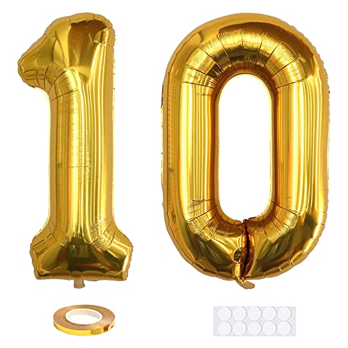 Xihuimay 40" Nummer 10 Folienballon Zahl 10 Luftballon Ziffer 10. Geburtstag Ballon 100cm Riesen Ballons Luft oder Helium Digitaler Ballon für Mädchen Junge Jubiläum Feierliche Anlässe, Golden XXL von Xihuimay