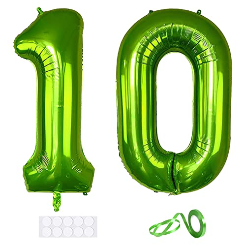 Xihuimay 40" Nummer 10 Folienballon Zahl 10 Luftballon Ziffer 10. Geburtstag Ballon 100cm Riesen Ballons Luft oder Helium Digitaler Ballon für Mädchen Junge Jubiläum Feierliche Anlässe, Grün XXL von Xihuimay