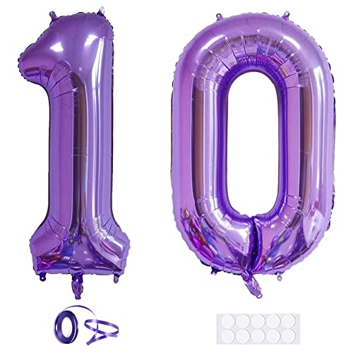 Xihuimay 40" Nummer 10 Folienballon Zahl 10 Luftballon Ziffer 10. Geburtstag Ballon 100cm Riesen Ballons Luft oder Helium Digitaler Ballon für Mädchen Junge Jubiläum Feierliche Anlässe, Lila XXL von Xihuimay