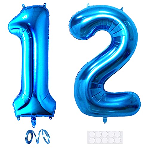 Xihuimay 40" Nummer 12 Folienballon Zahl 12 Luftballon Ziffer 12. Geburtstag Ballon 100cm Riesen Ballons Luft oder Helium Digitaler Ballon für Mädchen Junge Jubiläum Feierliche Anlässe, Blau XXL von Xihuimay