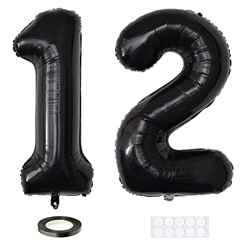 Xihuimay 40" Nummer 12 Folienballon Zahl 12 Luftballon Ziffer 12. Geburtstag Ballon 100cm Riesen Ballons Luft oder Helium Digitaler Ballon für Mädchen Junge Jubiläum Feierliche Anlässe, Schwarz XXL von Xihuimay