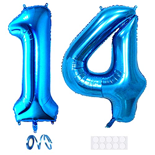 Xihuimay 40" Nummer 14 Folienballon Zahl 14 Luftballon Ziffer 14. Geburtstag Ballon 100cm Riesen Ballons Luft oder Helium Digitaler Ballon für Mädchen Junge Jubiläum Feierliche Anlässe, Blau XXL von Xihuimay
